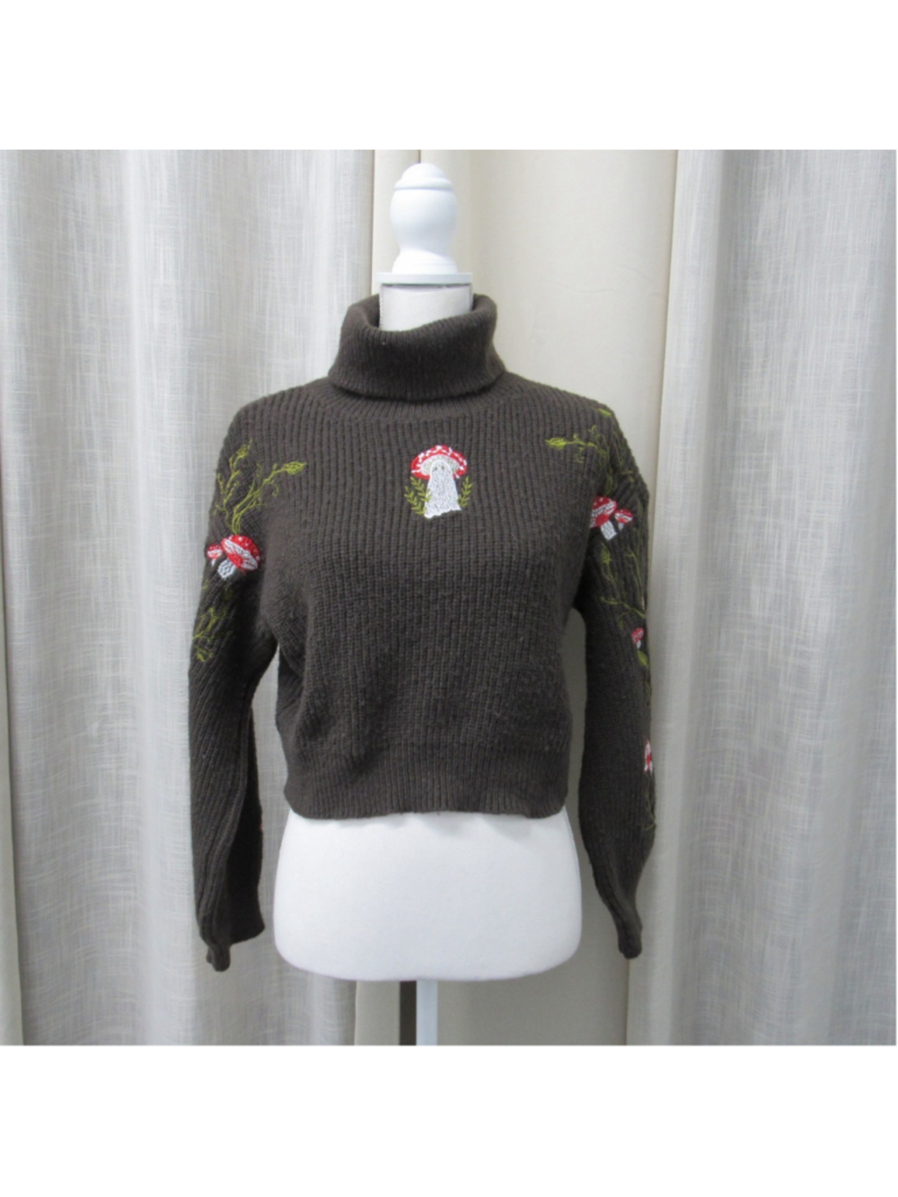 Fairycore Mushroom Embroidered Turtleneck Crop Sweater Brown Size S US 4